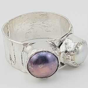 DOUBLE SWEETWATER PEARL BLACK/WHITE RING HANDMADE IN STERLING SILVER METAL 7.5
